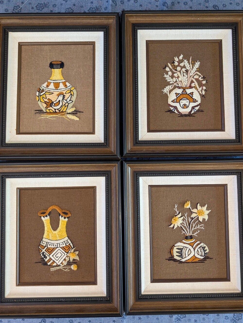 Vintage Embroidery Framed Wall Art Set of 4 Decor 70's Southwest Design 13 INCH